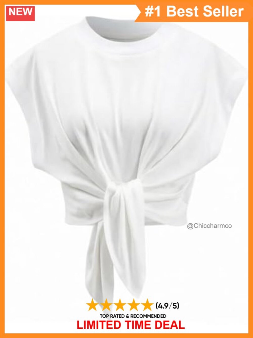 Cotton Blend Crop Top Cap Sleeve Tie Front Crew Neck Summer Tee
